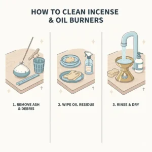 An illustrated step-by-step guide on how to properly clean and maintain incense and oil burners.