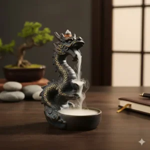 Lifestyle shot of the dragon incense burner backflow used as decorative piece on a desk.