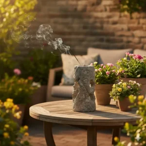 A weather-resistant tall incense burner carved from grey stone sitting on a patio table in a garden.