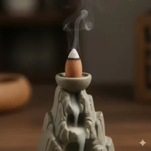 Instructions on how to place a backflow cone on top of a ceramic inverted incense burner.