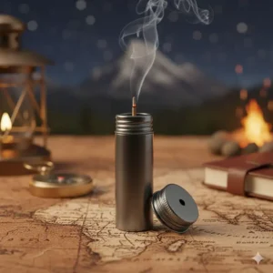 Small, portable metal tube scent stick holder with a lid, ideal for travel or outdoor use, safely containing the burning stick.