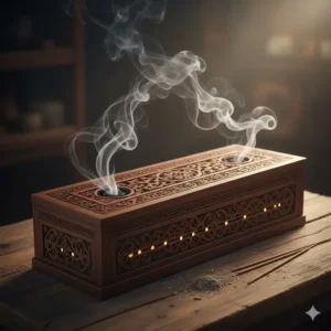 Illustration 6: Fragrant incense burner smoke escaping from a carved wooden box.