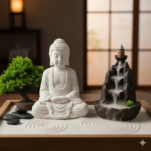 An attractive Buddha statue in a tranquil, indoor zen garden setting next to awesome incense burners.
