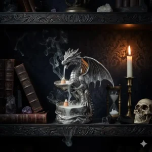 Gothic home decor display with a detailed silver-finish dragon incense burners placed on a bookshelf next to spiritual books and crystals.