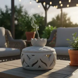 Beautifully carved natural stone outdoor incense holder, offering a heavy and stable option for your space.