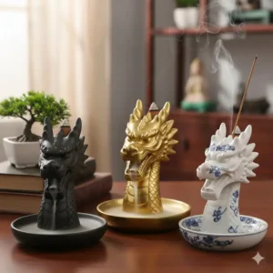 A visual comparison of three different styles of the dragon head incense burner in a collection display.