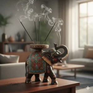 An intricate, hand-painted elephant sculpture that functions as a unique and artistic scent stick holder and decorative home accessory.