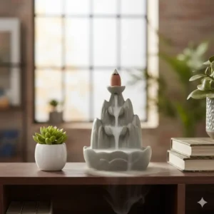 An inverted incense burner styled on a bookshelf to show its compact size and decorative appeal.