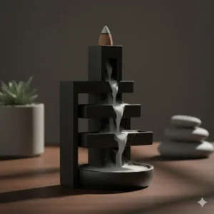 A sleek, modern geometric unique backflow incense burner made of stoneware.
