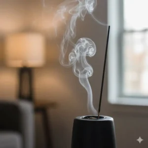 Close-up of a tall incense burner showing a long stick of incense burning and the vertical smoke path.
