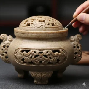 Detail view of a uniquely hand-carved soapstone holder showcasing intricate artistic patterns, one of the awesome incense burners.