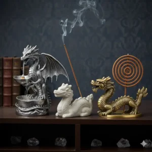 Photo showing a variety of dragon incense burners including cone, stick, and electric styles, demonstrating the full range of options available.