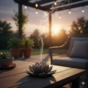 Cozy outdoor sitting area featuring a unique incense holder as a centerpiece on a small side table, enhancing the ambiance.