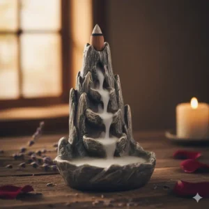 A ceramic backflow incense burner showing the smoke waterfall effect flowing down a mountain-shaped sculpture.