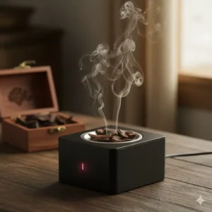 A modern electric incense burner used for heating agarwood or bakhoor without the use of charcoal.