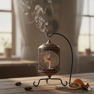 A decorative metal coil incense burner with a safety lid, ideal for long-burning spiral incense.