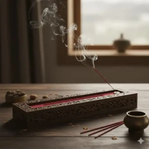 A horizontal Tibetan-style wooden incense box with ornate carvings and a fire-safe felt lining for burning sticks lying flat.