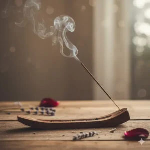A long wooden boat-style incense stick holder catching falling ash from a burning incense stick.