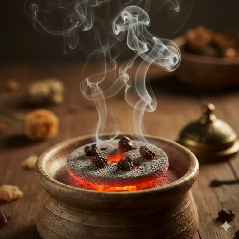A glowing incense charcoal disk burning in a ceramic censer with aromatic frankincense resin on top.