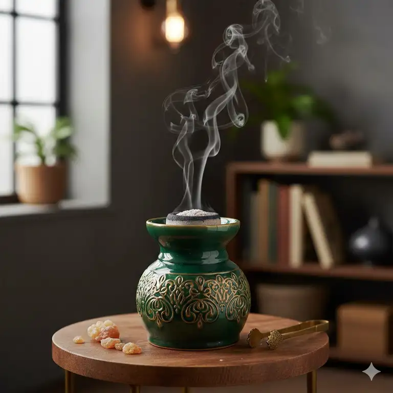 A glowing coal disc placed inside a decorative ceramic incense burner with light smoke rising.