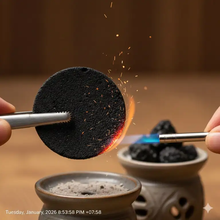 A stack of premium charcoal discs being lit with a blue flame showing sparks.