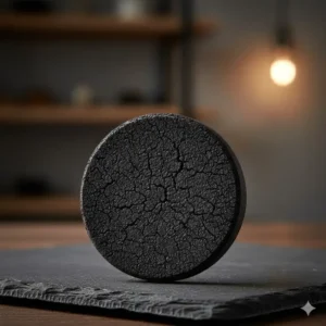 A single round black coal disc showing a textured surface for easy lighting.