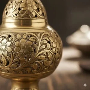 Close-up of the polished surface and metallic texture of a handcrafted brass incense holder