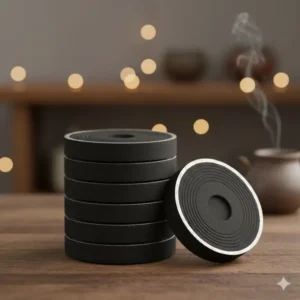 : A close up illustration of a professional stack of charcoal discs for incense.