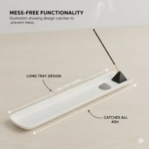 Detailed illustration showing the functional anatomy of a long tray incense ash catcher