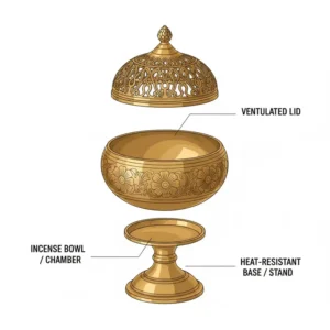 Detailed diagram showing the different parts and components of a brass incense burner.