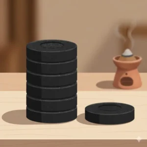 A stack of round quick-light incense charcoal tablets showing the uniform shape and texture.