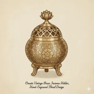 Detailed close-up of vintage engraved brass incense burners showing intricate hand-crafted patterns.