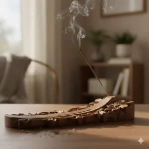 A close-up of a hand-carved wooden beautiful incense holder with intricate floral patterns.