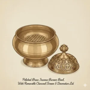 Polished gold brass incense burners in bowl shape featuring a removable charcoal screen and lid.