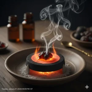 Digital illustration of resin incense burning on glowing red charcoal discs.