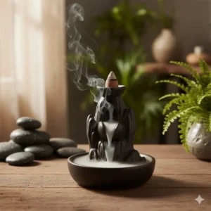 A decorative backflow waterfall design, one of the most visual incense burner types for ceramic cones.