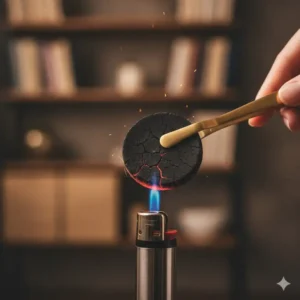 Illustration showing a pair of tongs holding a coal disc over a flame.