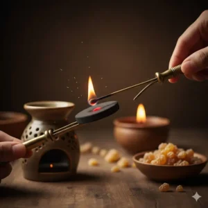 An instructional illustration showing the safe way to light charcoal discs for incense using tongs.