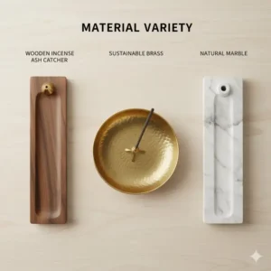 An infographic displaying different materials used for a durable incense ash catcher.