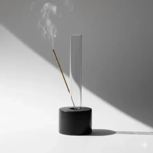 An architectural contemporary incense holder featuring a vertical glass tube to catch falling ash.