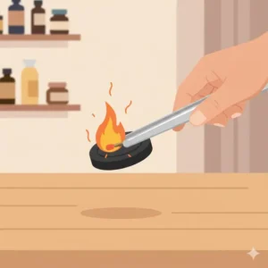 A pair of metal tongs holding a piece of incense charcoal being lit by a flame.