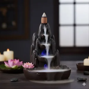 An elegant backflow waterfall beautiful incense holder with smoke cascading down mountain tiers.