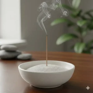 A traditional white bowl-style ceramic incense burners filled with white sand holding a single lit incense stick