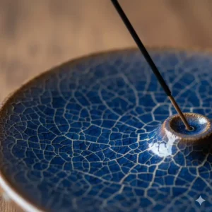 Close-up of a blue glazed ceramic incense holder showing artisanal texture and craftsmanship.