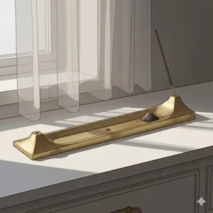 A functional brass incense holder featuring a wide tray to catch falling ash for clean use.