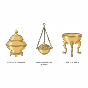 A collection showing various traditional and modern styles of brass incense burner.