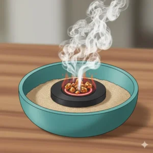 A detailed burner setup featuring sand and charcoal discs for incense in a bowl.