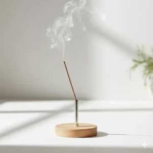 A Scandinavian-style contemporary incense holder with a simple circular wooden base and silver hardware.