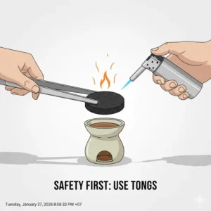 Using metal tongs to safely handle and light charcoal discs for incense.