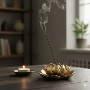 A vintage-inspired antique brass beautiful incense holder in the shape of a lotus flower.